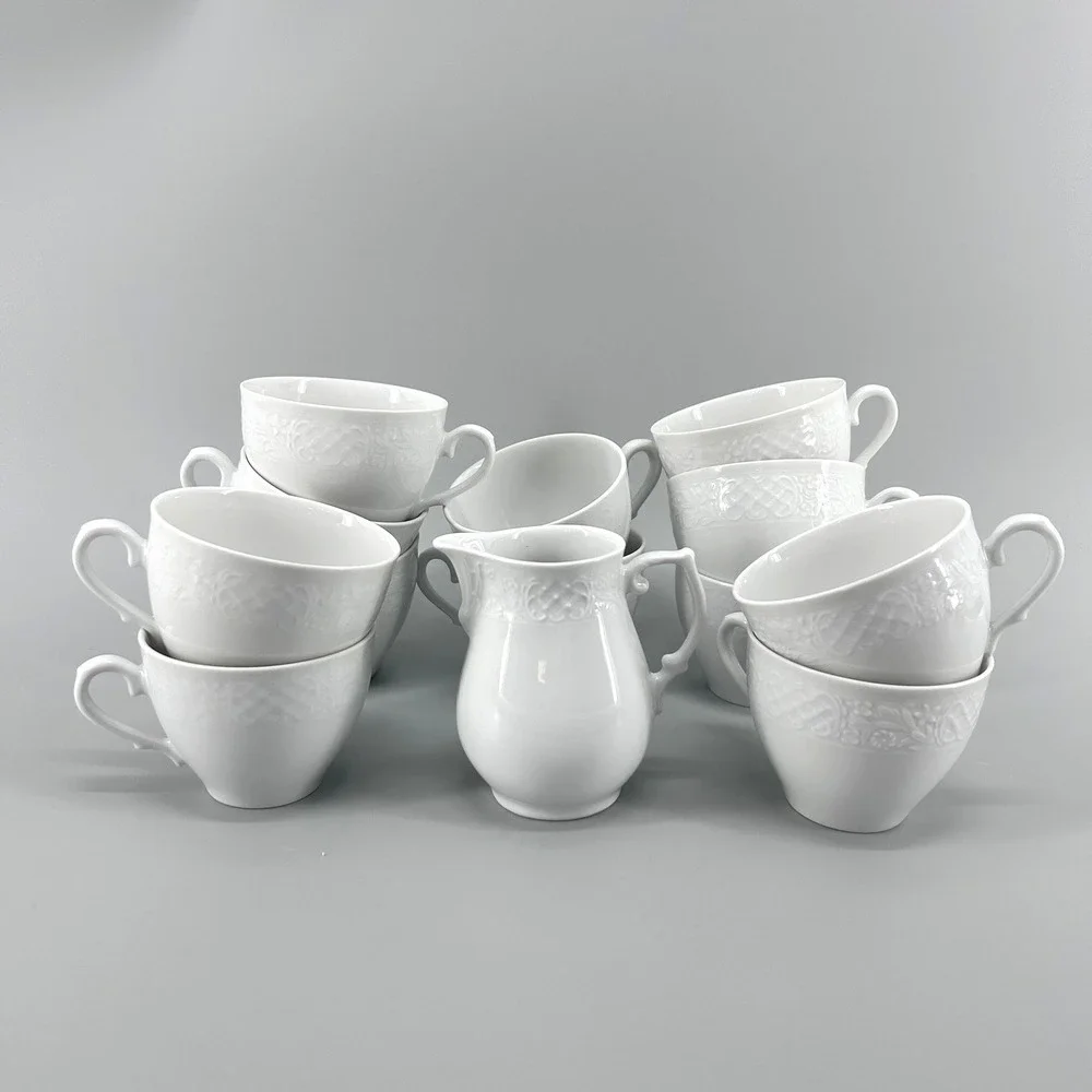 Oscar de la Renta Old Dresden Fine China 12 Tea Cups and 1 Creamer All White